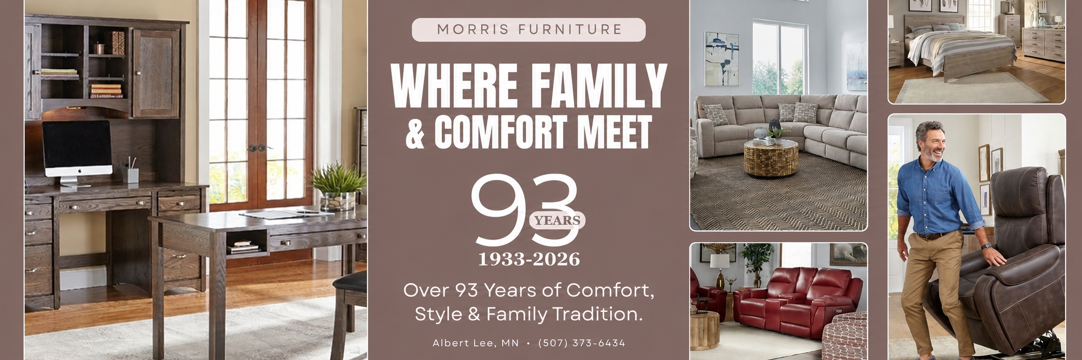 Morris Furniture advertisement with images of furniture and a banner celebrating 93 years of family and comfort.