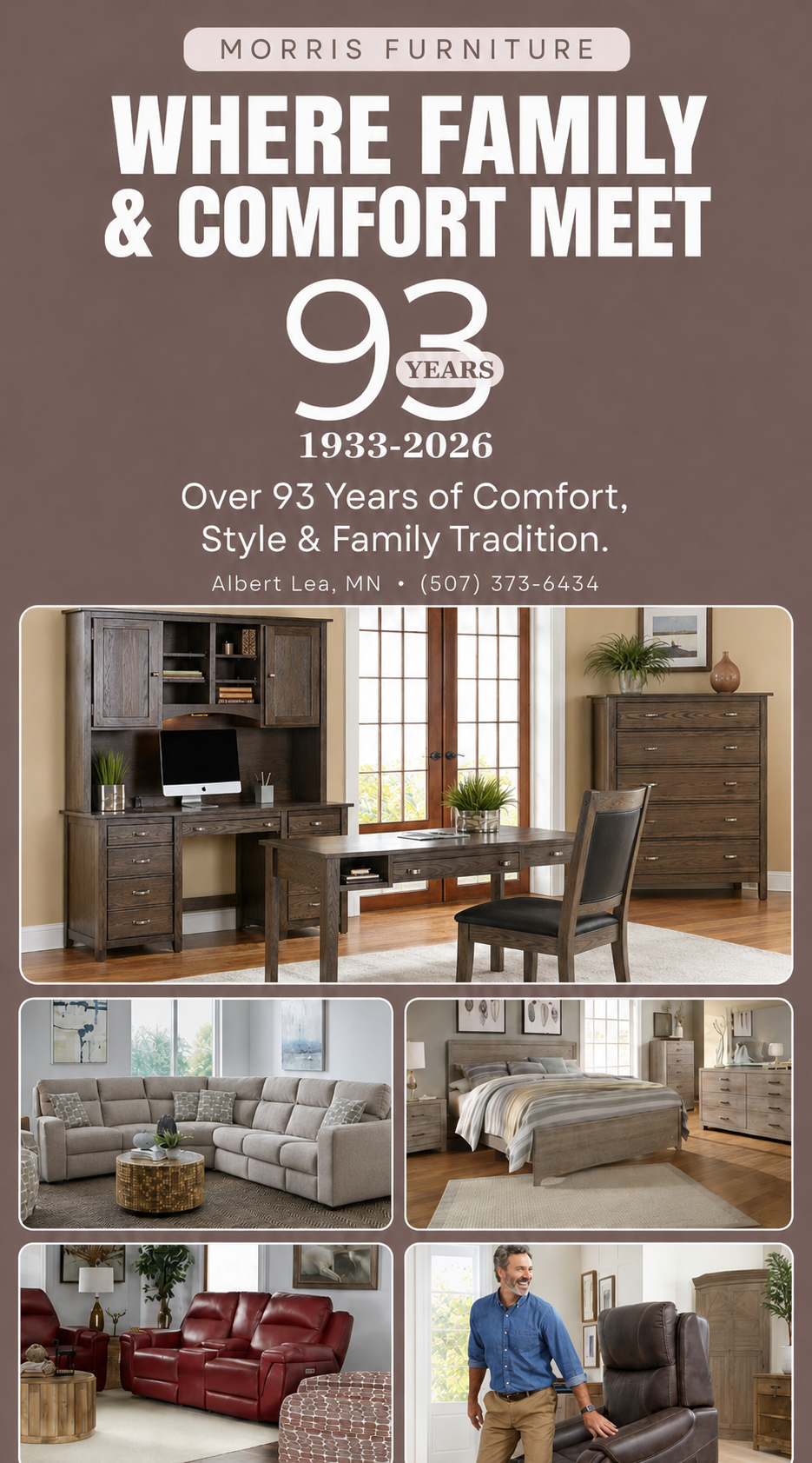 Morris Furniture advertisement celebrating 93 years of furniture with images of living room and office furniture.